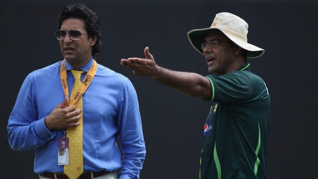 Wasim Akram, who survived a road-rage shooting in Karachi on Wednesday chats with Waqar Younis during the 2011 Cricket World Cup