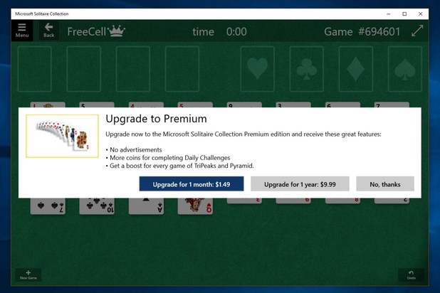 Windows 10 requires money to remove Solitaire adverts