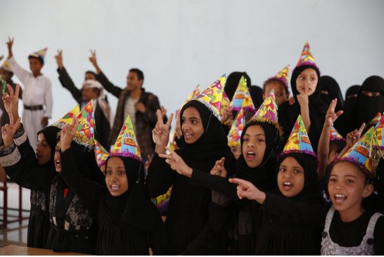 Displaced girls attend a party in a school where they are living with their families who fled home after a Saudiled airstrike destroyed their houses in Sanaa Yemen