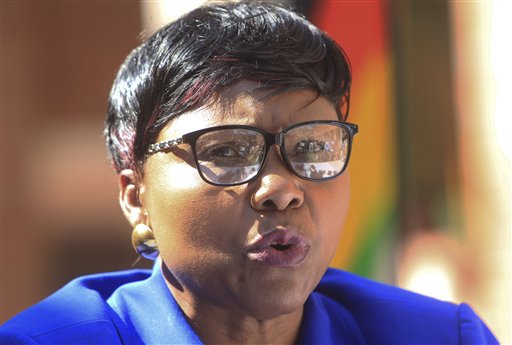 Oppah Muchinguri the Zimbabwean minister of environment water and climate addresses a press conference in Harare Friday