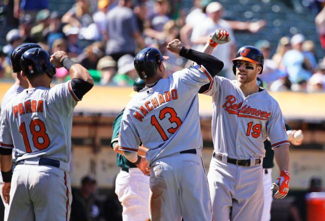 Orioles’ Chris Davis right being greeted by Manny Machado after 10th-inning grand slam Wednesday