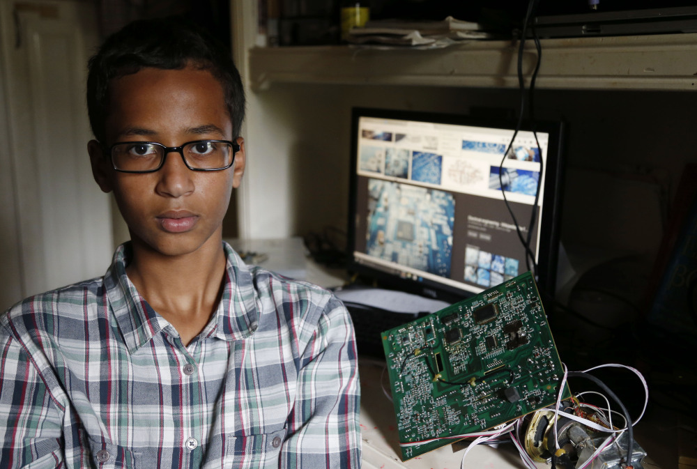 Irving Texas on Tuesday. Muhamed was arrested and interrogated by Irving police officers Monday after bringing a homemade clock to school. Police said the device could be mistaken