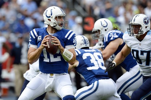 Indianapolis Colts quarterback Andrew Luck passes against the Tennessee Titans in the first half of an NFL football game Sunday Sept. 27 2015 in Nashville Tenn