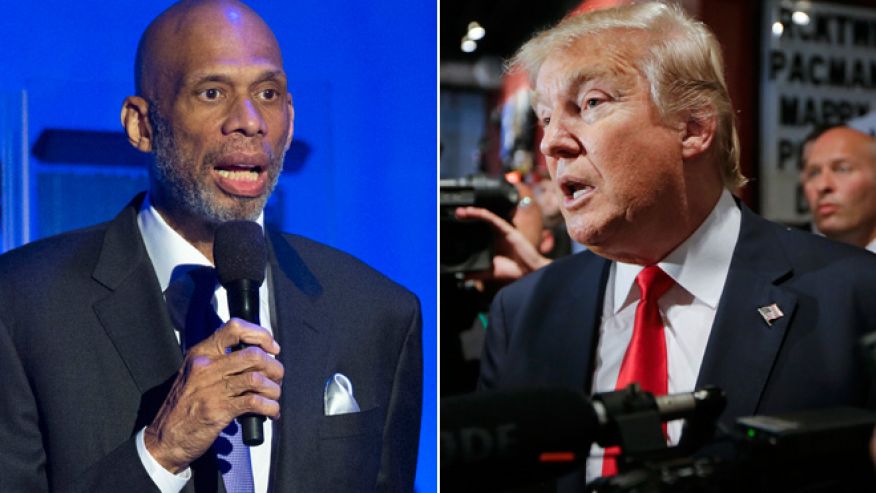 At left,Former NBA basketball player Kareem Abdul-Jabbar at right Republican presidential candidate Donald Trump