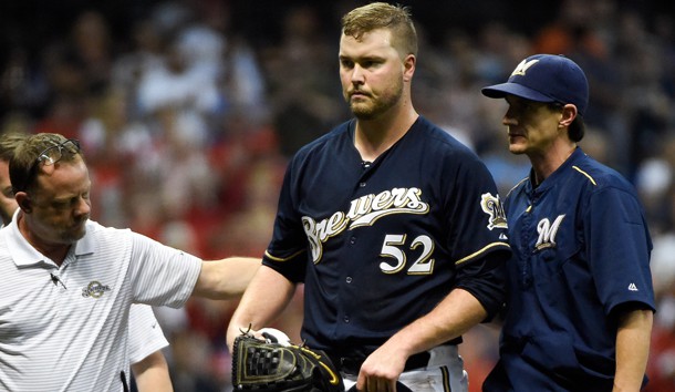 Sep 17 2015 Milwaukee WI USA Milwaukee Brewers pitcher Jimmy Nelson leaves the game after being hit by a line drive off the bat of St. Louis Cardinals center fielder Thomas Pham in the third inning at Miller Park. Benny Sieu-USA T