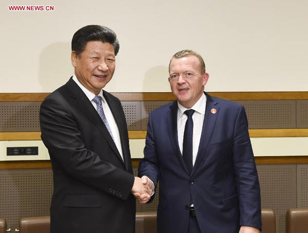 Chinese President Xi Jinping meets with Danish Prime Minister Lars Rasmussen in New York the United States Sept. 28 2015