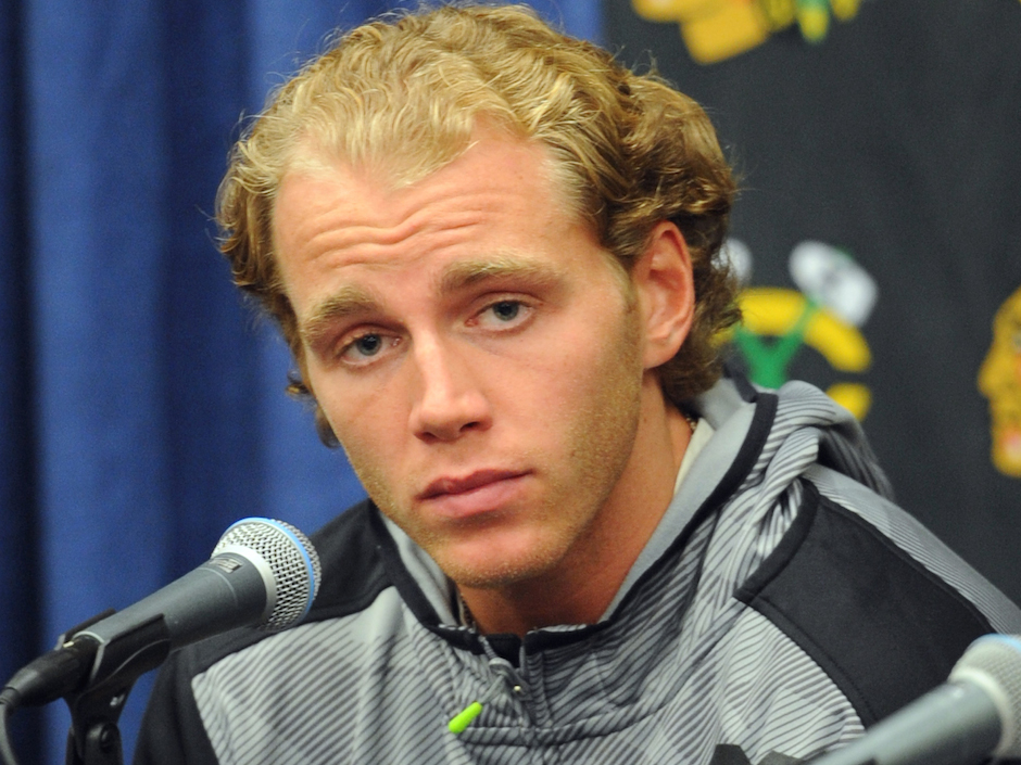 Chicago Blackhawks&#039 Patrick Kane listens during a media availability on the first day of NHL hockey training camp at the Compton Family Ice Center on the campus of the University of Notre Dame in South Bend Ind. Thursday Sept. 17 2015