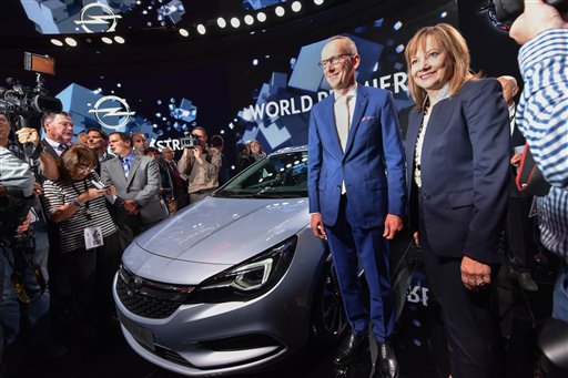 CEO of Opel Karl Thomas Neumann left and Mary Barra CEO of General Motors right present the new Astra Sports Tourer at the Frankfurt Auto Show IAA in Frankfurt Germany Tuesday Sept. 15 2015. The car show runs through Sept. 27. (Uwe Zucchi  dpa via