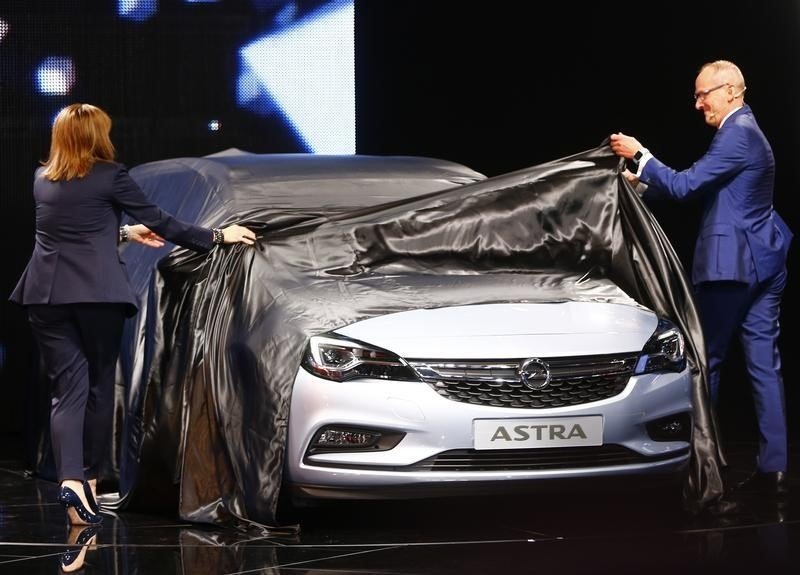 General Motors CEO Mary Barra and Opel CEO Karl Thomas Neumann present the new Opel Astra during the media day at the Frankfurt Motor Show in Frankfurt Germany