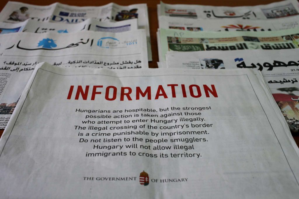 A full-page advertisement by the Hungarian government that was published in Lebanese newspapers warning migrants not to enter the country illegally saying it is a crime punishable by imprisonment in Beirut Lebanon Monday Sept. 21 2015. Hungary whic