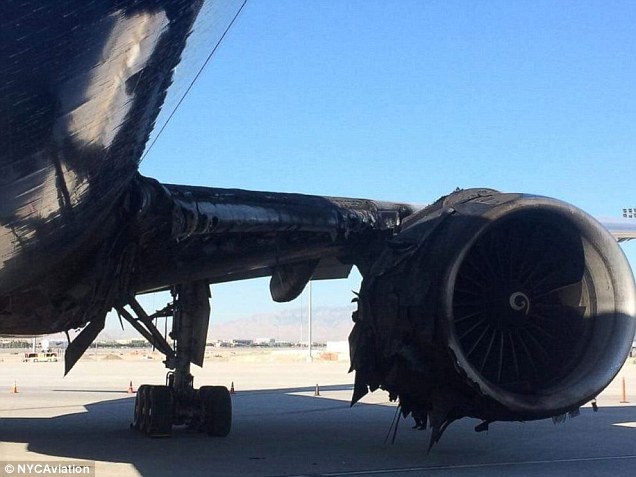 Close up images of British Airways Flight 2276 that caught fire at Las Vegas Mc Carran International Airport seem to show how the engine exploded on one side before belching fire towards the cabin