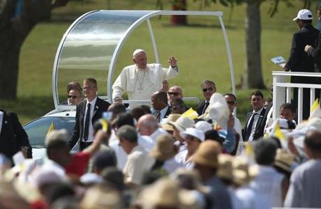 Pope Francis arrived in the Plaza de la Revolution to hold a Mass in the square on Monday