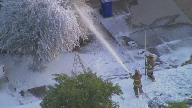 A KPHO-TV helicopter hovered firefighters dousing a Gilbert Ariz. home with white foam to kill bees swarming throughout the street