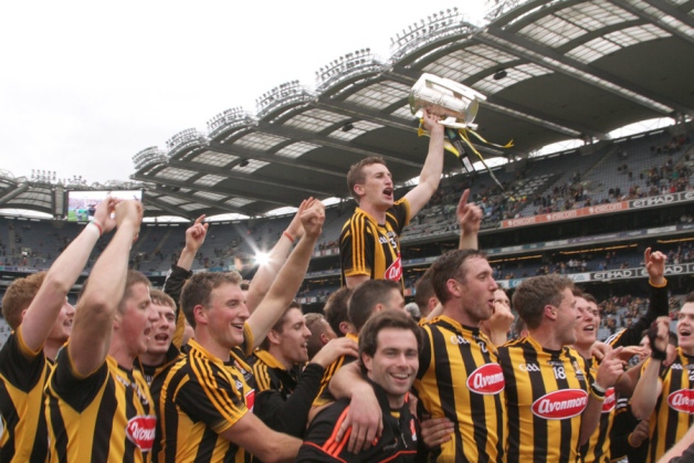 Kilkenny captain Joey Holden is carried shoulder-high by his team-mates after Kilkenny won their 36th senior All Ireland hurling title at Croke Park on Sunday. The Cats beat Galway by 1-22 to 1-18 in the final which was played in front of a sell-out crow