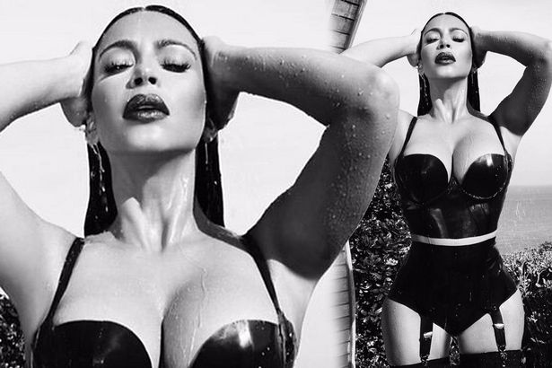 Kim Kardashian showers in busty latex lingerie as she teases racy snaps before