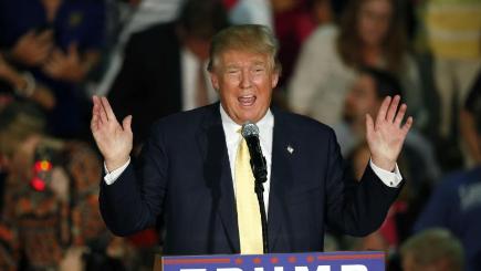 Republican presidential candidate Donald Trump speaks at a town hall event in New Hampshire