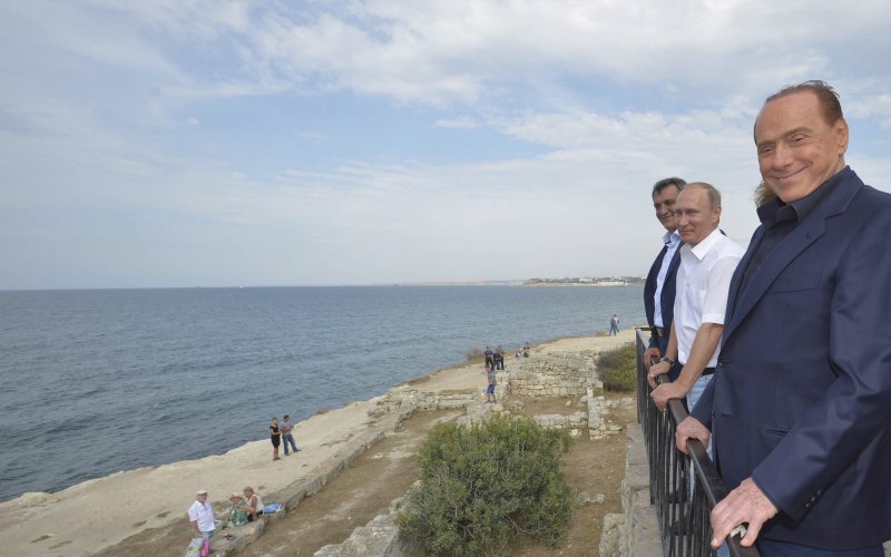 Russian President Vladimir Putin and Italian former Prime Minister Silvio Berlusconi visit Chersonesus Tavrichesky National Reserve in the Black Sea port of Sevastopol Crimea