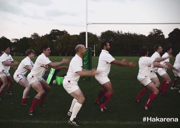 Matt Dawsona and actors dressed as rugby players can be seen twirling their hips in the haka parody