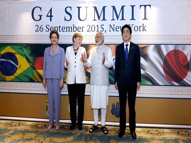 Prime Minister Narendra Modi German Chancellor Angela Merkel Brazilian President Dilma Rousseff and Japanese Prime Minister Shinzo Abe at G4 Summit in New York on Saturday