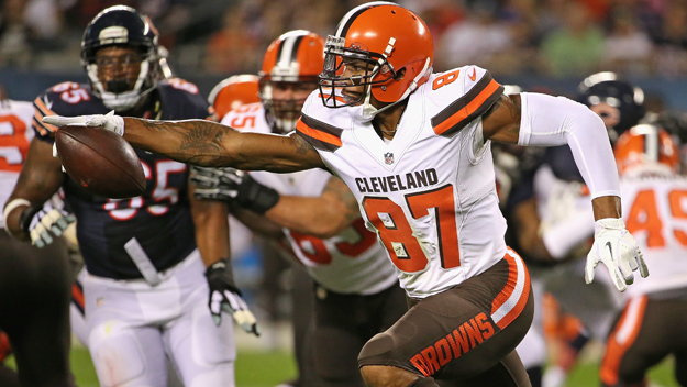 Terrelle Pryor then of the Cleveland Browns runs around the end against the Chicago Bears during a preseason game at Soldier Field on Sept. 3 2015