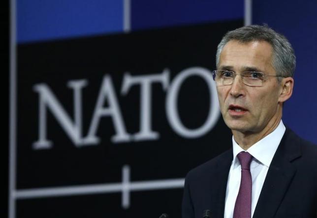 NATO Secretary General Jens Stoltenberg speaks at the Alliance's headquarters during a NATO foreign ministers meeting in Brussels