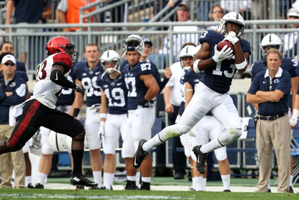 COLLEGE-FOOTBALL-14 Penn State Nittany Lions wide receiver Saeed Blacknall makes a catch during the second quarter against the San Diego State Aztecs at Beaver Stadium