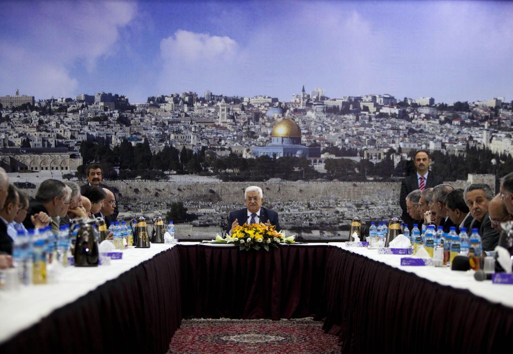 Palestinian Authority President Mahmoud Abbas talks during a leadership meeting in Ramallah