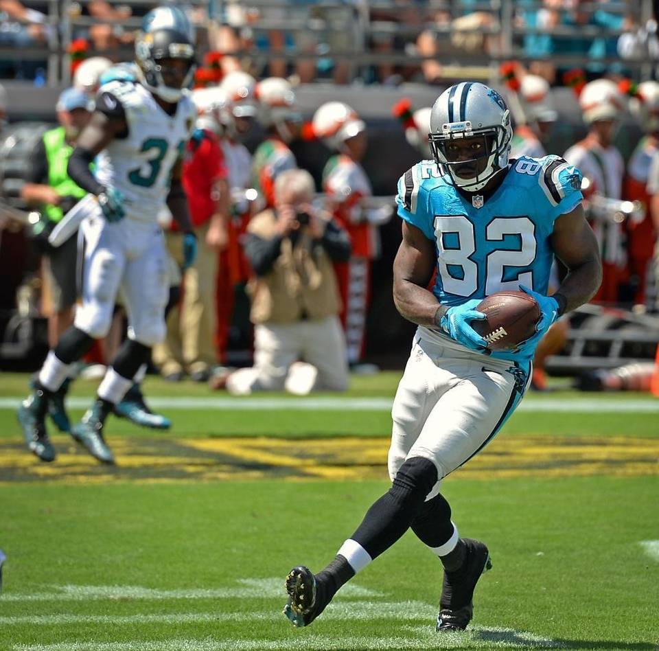 Carolina Panthers wide receiver Jerricho Cotchery catches a seven yard touchdown pass from quarterback Cam Newton during second quarter action