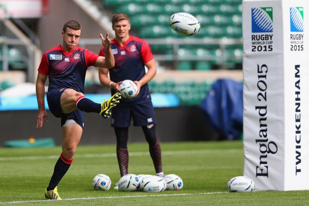 Owen Farrell and George Ford of England practice their kicking during the England Captain's Run on the eve of the opening Rugby World Cup 2015 match against