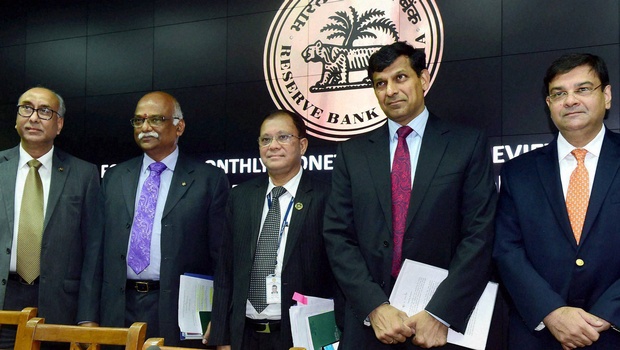 RBI Governor Raghuram Rajan with Deputy Governors R Gandhi S S Mundra H R Khan and Urjit Patel during a press conference announcing the RBI monetary policy at RBI Headquarters in Mumbai on Tuesday. | PTI