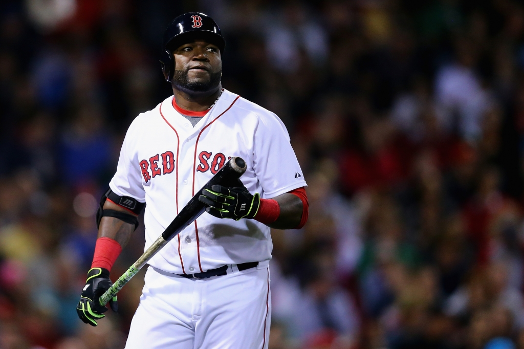 David Ortiz #34 of the Boston Red Sox reacts after striking out during the seventh inning against the Tampa Bay Rays at Fenway Park