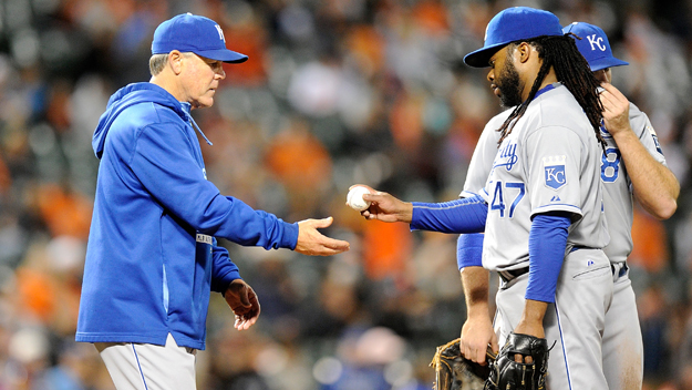 BALTIMORE MD- SEPTEMBER 13 Johnny Cueto #47 of the Kansas City Royals is taken out of the game by manager Ned Yost #3 in the seventh inning against the Baltimore Orioles at Oriole Park at Camden Yards