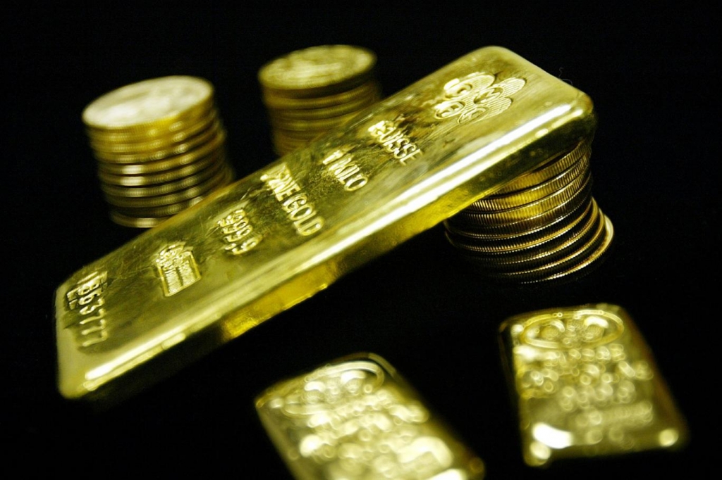 Gold bullion bars and coins