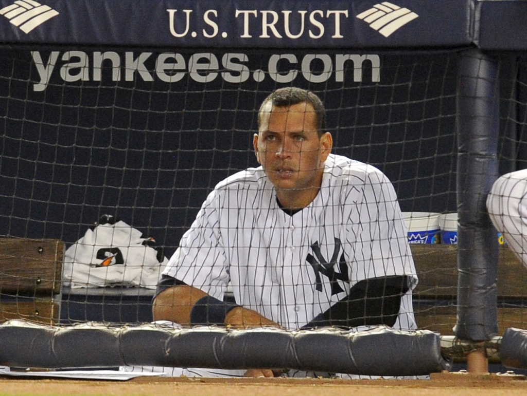 08/20/13 Toronto Blue Jays Vs. New York Yankees at Yankee Stadium New York Yankees third baseman Alex Rodriguez #13 in the dugout during tonight's game