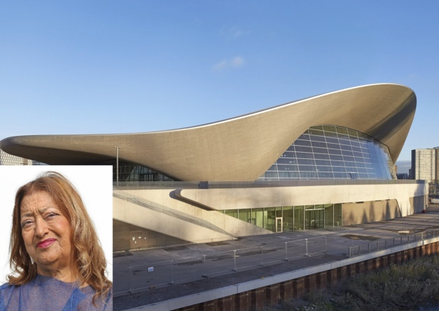 The London Aquatics Centre at Stratford and inset its designer Dame Zaha Hadid