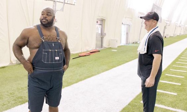 Defensive Tackle Vince Wilfork wears overalls at Houston Texans practice- HBO Hard Knocks