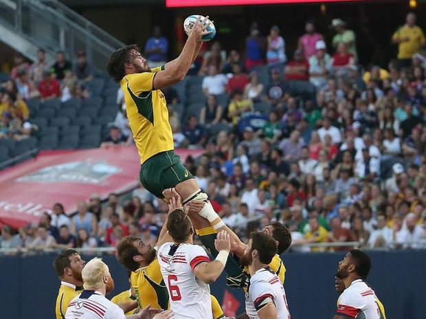 RISING ABOVE Kane Douglas handles a lineout ball against the United States Eagles during a Rugby World Cup warm up match at Soldier Field in Chicago Illinois on September 5