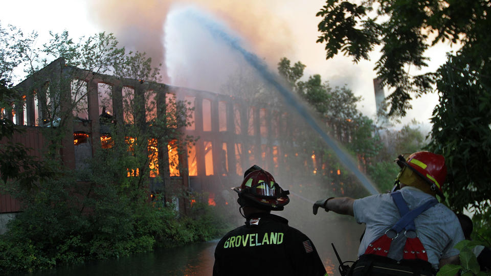 Firefighters battle a blaze in a mill building on Stevens Street in Haverhill. 1