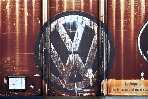 A Volkswagen logo is seen on a freight car at the VW factory in Zwickau Gemany