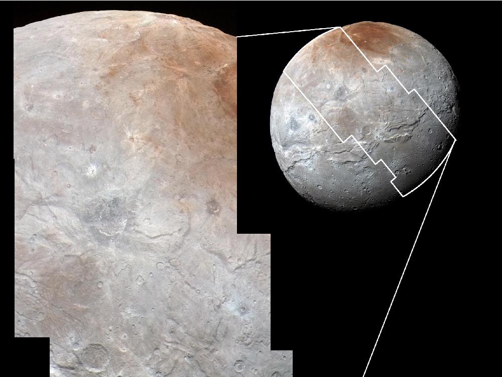 A combo of several images of Charon. They've nicknamed the reddish area up top'Mordor Macula. Macula just means a discoloured spot