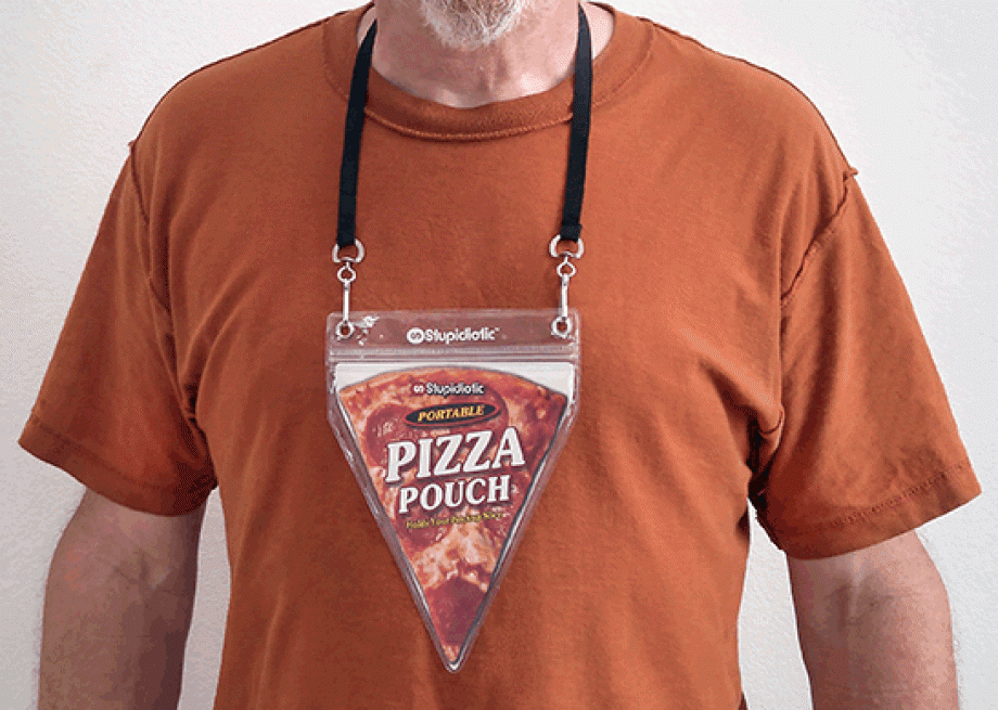 The Portable Pizza Pouch sold for $8 on Stupidiotic consists of a triangular ziplock case made from sturdy plastic that's attached to a lanyard you can throw around your neck