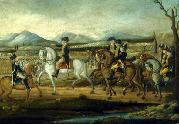 A painting of President George Washington leading a force of federalized state militias against the Whiskey rebels in western Pennsylvania in 1794