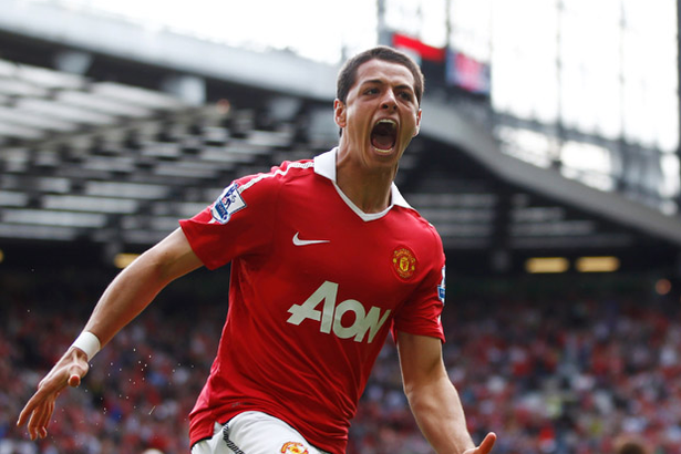 Javier Hernandez celebrates after scoring the first goal for Manchester United