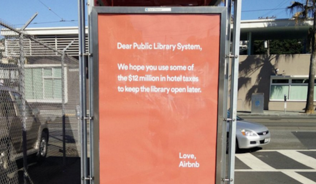 Airbnb's billboard addressed to public libraries in San Francisco