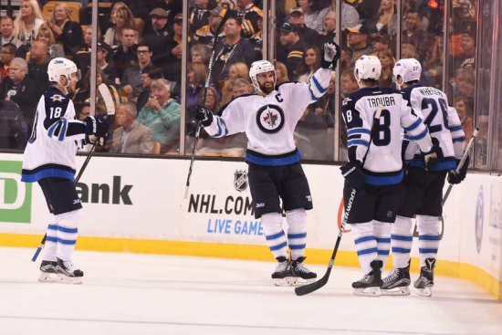 Andrew Ladd celebrating Winnipeg's second goal of the night