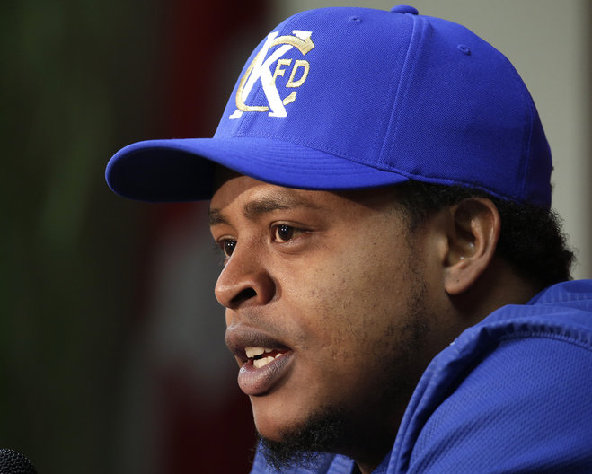 Kansas City Royals starting pitcher Edinson Volquez talks to the media during a news conference before batting practice for baseball's American League Championship Series Thursday Oct. 15 2015 in Kansas City Mo. Volquez will start for the Royals as the