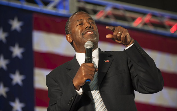 Republican presidential candidate Dr. Ben Carson speaks to the crowd during a campaign rally held at Spring Arbor University in Spring Arbor