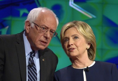 Bernie Sanders and Hillary Clinton before the Democratic presidential debate in Las Vegas on Tuesday