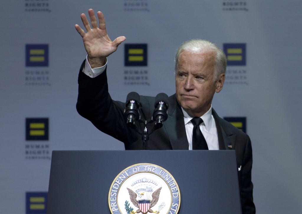 Vice President Joe Biden waves to the crowd after he speaks during Human Rights Campaign National Dinner at Walter E. Washington Convention Center
