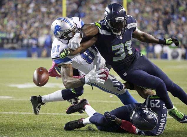 At the end of Monday night’s Seahawks Lions matchup Calvin Johnson lost the ball at the one-yard line and it was batted out of the end zone by K.J. Wright